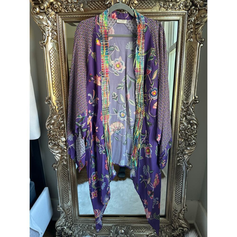 Anjuna Silk Purple Floral Print Multicolor Trim Robe Small